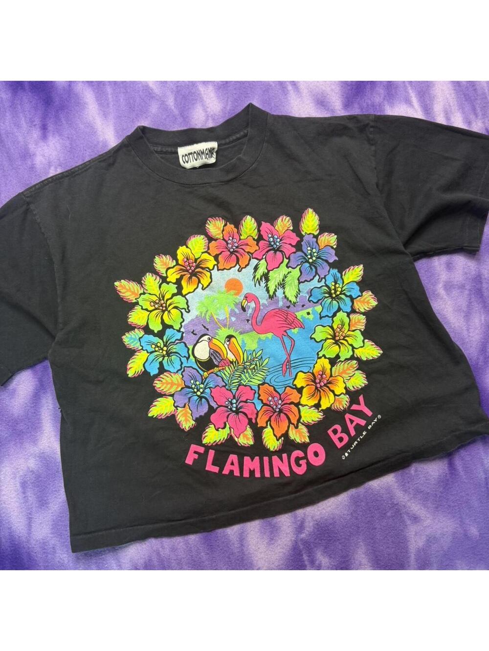Vtg 90s neon print flamingo bay graphic cropped tee